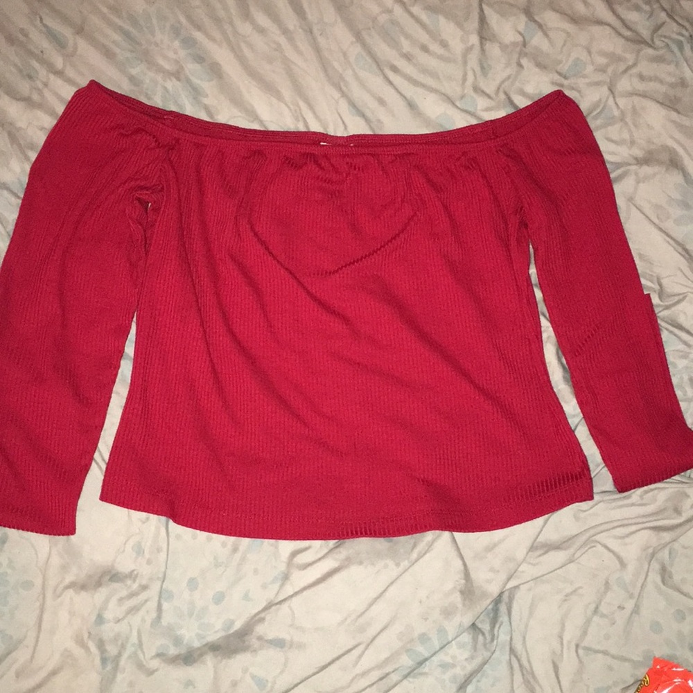 Red Off the shoulder shirt w/ long sleeves